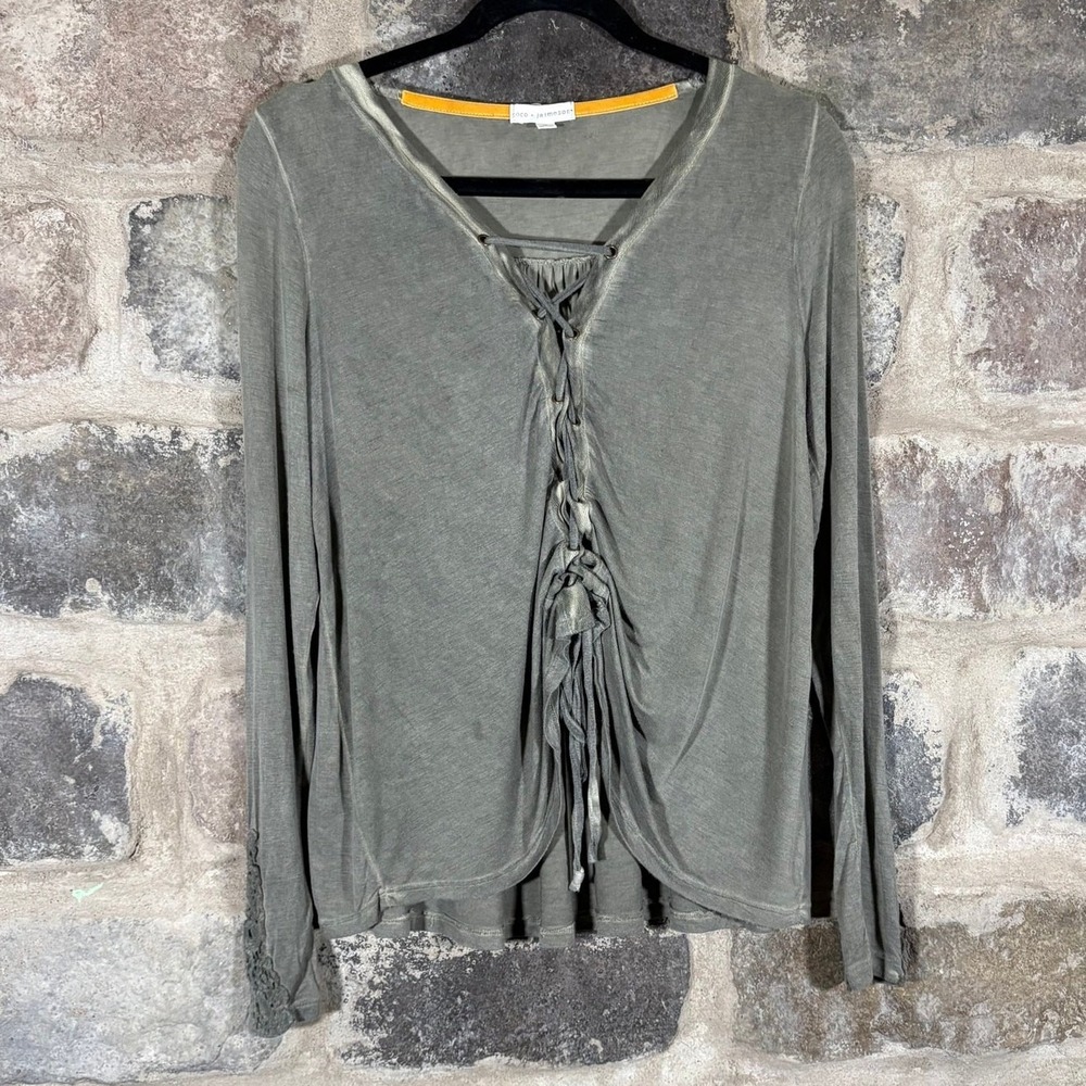 Coco Jaimeson Olive Green Lace Up Crochet Cuff Long Sleeve Top Women's Medium